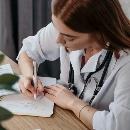 A doctor writing notes at her desk