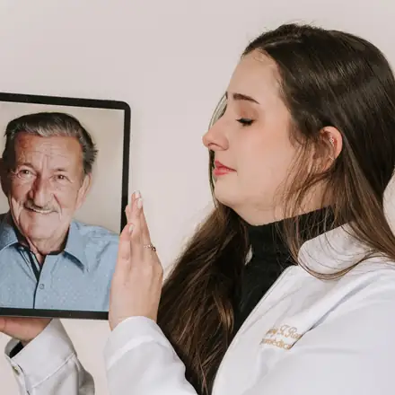 A physician holding a tablet with an older patient’s photo